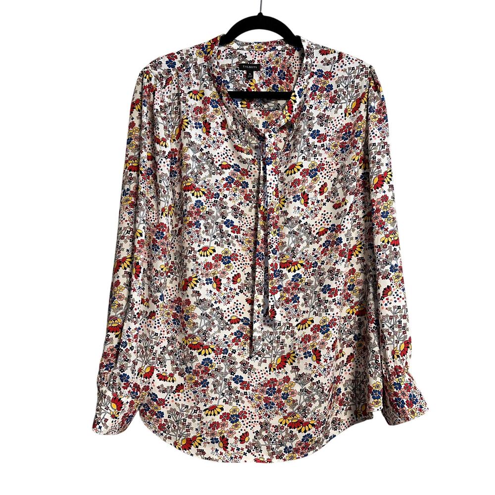 Talbots Meadow Colorful Floral Tie Neck Blouse Top Size XL - Picture 1 of 11